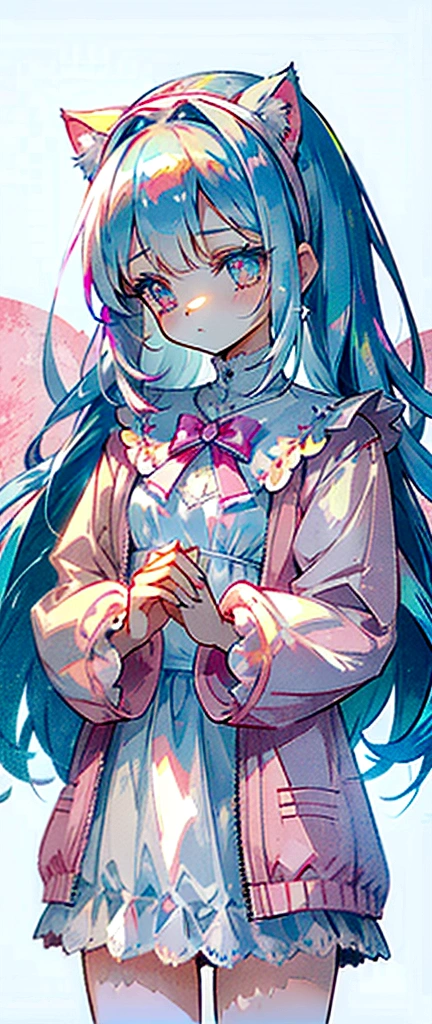 (Full body:1) of a young girl, spiky lashes, half pastel pink eye half pastel blue eye, half braided hair, light pastel blue hair with a tip of light pastel pink in the end, white fur puffy cat headband, many hairclip, light pastel blue gradient with light pastel pink collar, soft lighting, soft picture, light pastel blue tanktop, light pastel pink puffy jacket, with light pastel blue pacifier, holding white cat plushie with bow, wear bow, light pastel pink cat tattoo on collar Bone, wear ring, many detail, many many pastel cute accessories, HD, perfect body