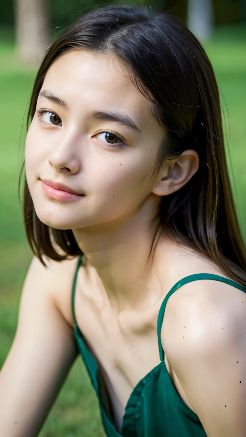 masterpiece,Highest quality,1 Girl,delicined face, 前hair, just_arm, just_shoulder, green_eye, clavicle, (high resolution:1.48)、(15 years old:1.48)、(Mckenna Grace's face:1.48)、(Female symbolism:1.48)、(Leaning forward:1.48)、(A big cleavage is visible:1.48)、(Micro Bikini:1.48)、cowboy_shot, crop_superior, High leg, High leg, length_hair, looking for_in_peeping in the viewer, belly button, Realistic, 一人in, Are standing,