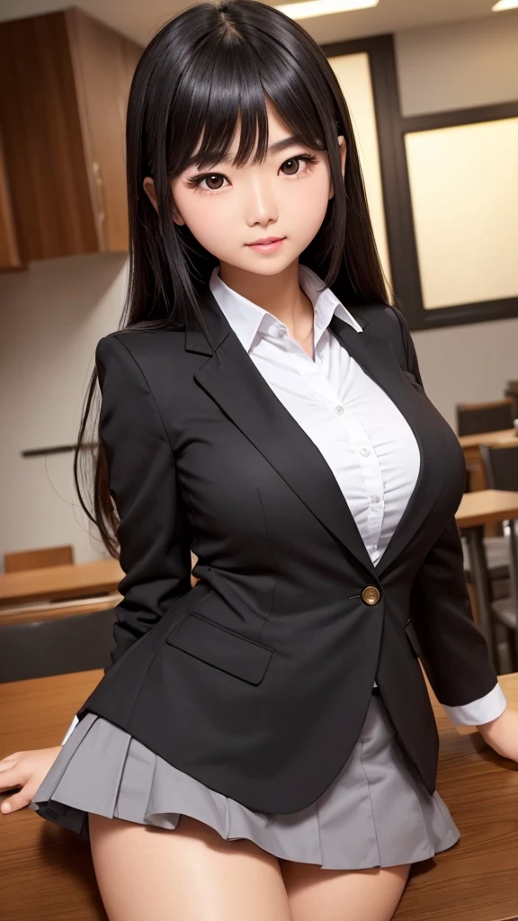 ((high quality)), ((Tabletop)), (Detailed face), (highlight), Asian Girl、Big breasts、thigh、Black Hair、Heavy bangs、high school girl、skirt、blazer、