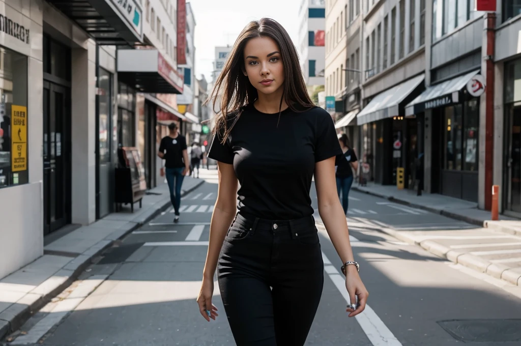 full figure photograph of a serious fitted slim female model, 30 years old, long brown hair, brown eyes, wearing a black t-shirt and black jeans, she is walking in a city street , pointing her index finger toward the camera