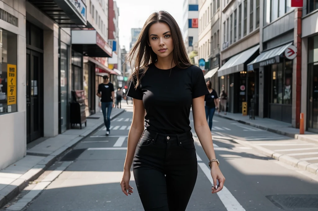 full figure photograph of a serious fitted slim female model, 30 years old, long brown hair, brown eyes, wearing a black t-shirt and black jeans, she is walking in a city street , pointing her index finger toward the camera