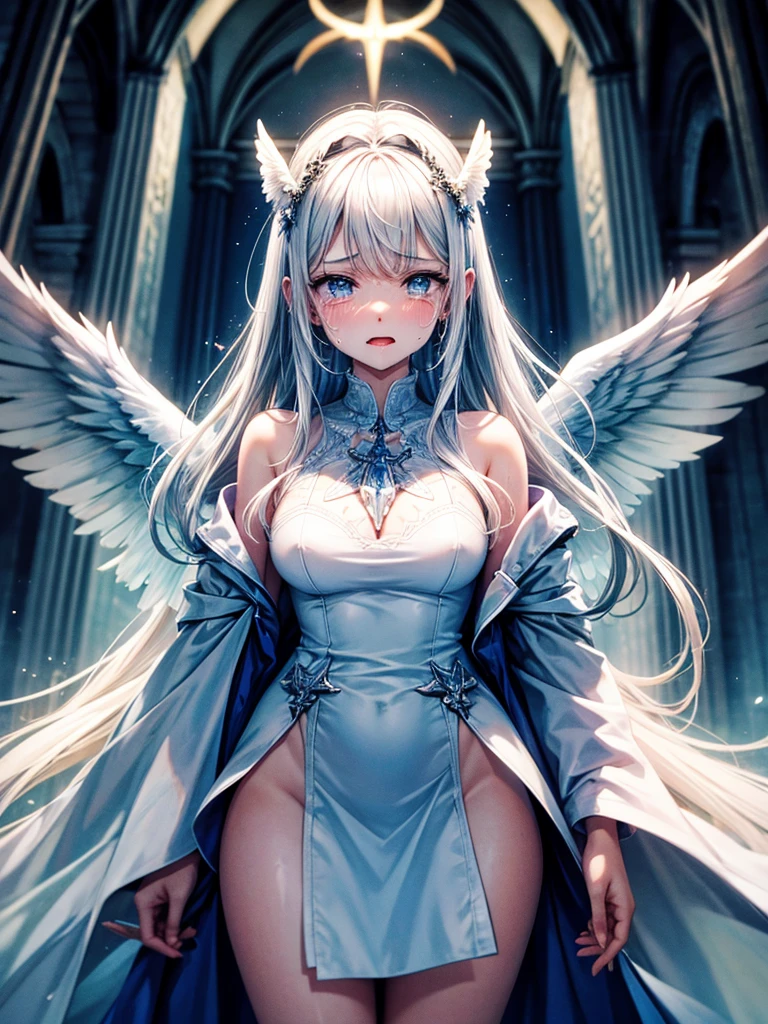 Highest Resolution,Highest quality,１People Girls,beautiful girl,Full body close-up,The body is frontal,looking at the camera,Standing posture,Crying face,Tears,Stringy saliva,Open your mouth,Sticking out tongue,Saliva,Tears overflow,Dripping a lot of saliva,Drooling,Winged Angel,church,Angel halo on head,white,
