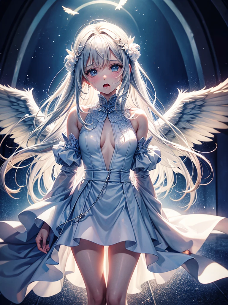 Highest Resolution,Highest quality,1People Girls,beautiful girl,Full body close-up,The body is frontal,looking at the camera,Standing posture,Crying face,Tears,Stringy saliva,Open your mouth,Sticking out tongue,Saliva,Tears overflow,Dripping a lot of saliva,Drooling,Winged Angel,church,Angel halo on head,white,