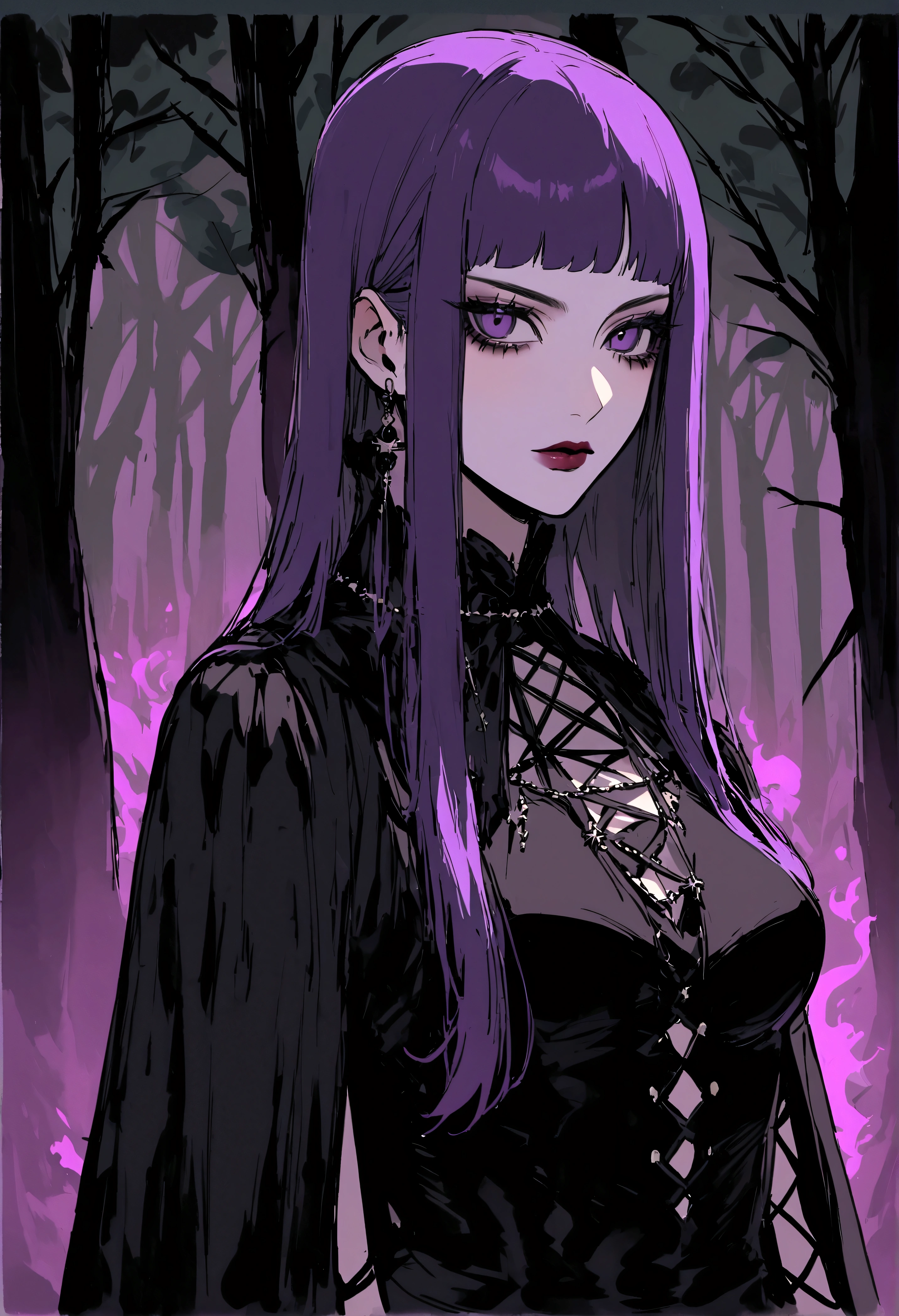 araffe woman with purple hair and a black dress in the woods, witchy clothing, portrait of a goth , witch in the woods, evil fire sorceress in the woods, woman in a dark forest, witchcore clothes, portrait of a young witch, fashionable dark witch, gothic clothing, wearing gothic accessories, wearing a gothic dress