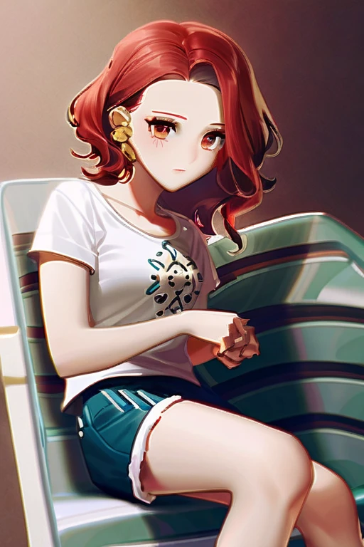 ((Лучшее качество)), ((шедевр)), (подробный), A red-haired girl in short shorts and a T-shirt