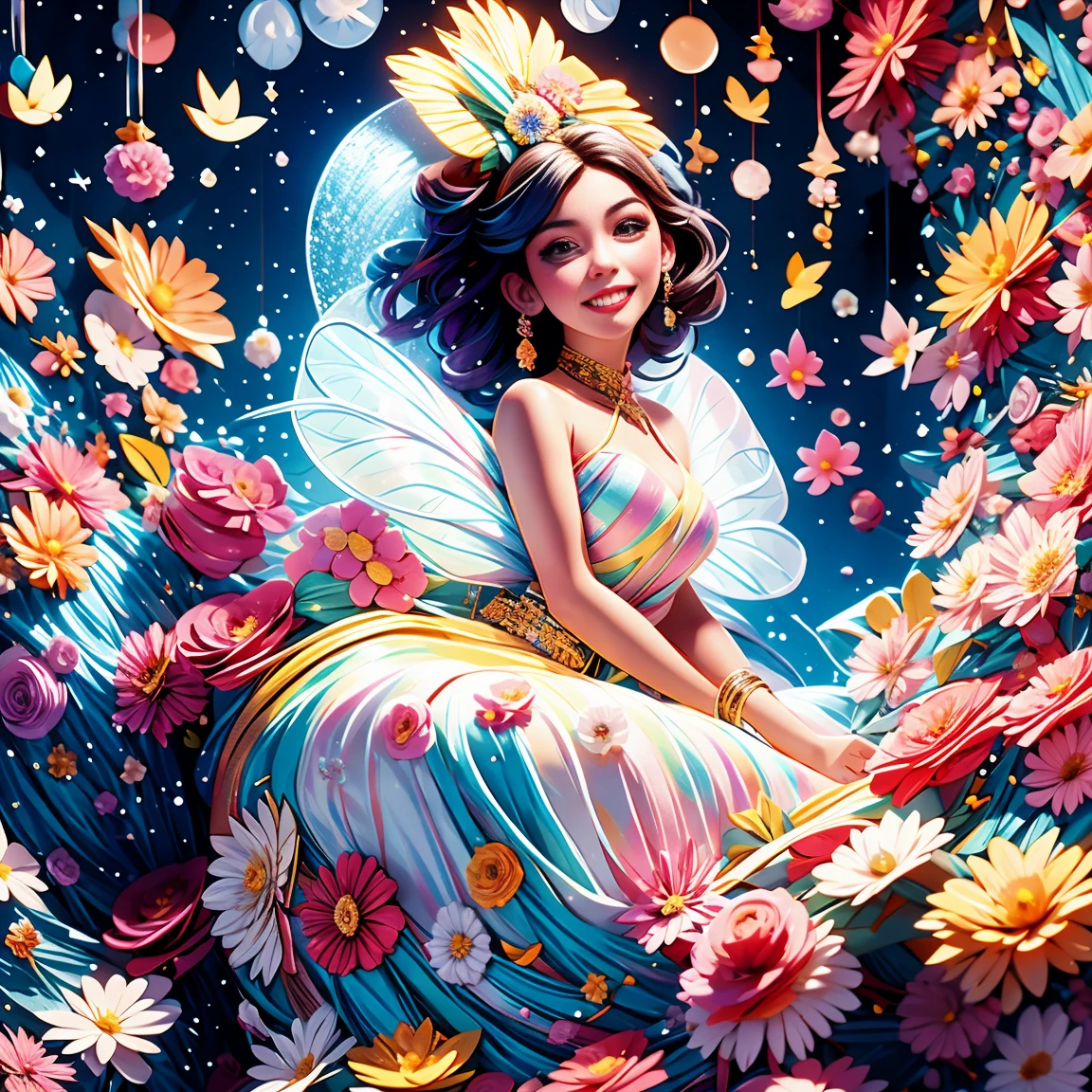 Welcome to the unknown land of fantasy，（The elf guides you，anatomically correcte，Accurate and perfect European and American cartoon face），A gentle smile， beautiful transparent，beautiful fairy，Little Ears，Fly around，caleidoscópico，在成千上万的紫色和红色flowers中，Digital illustration，complex，Uptrend，pastel colours，painting-like，rewarded photography，bokeh，Depth of field，hdr，flowers，Color difference，真实感，very detailled，art season trends，CG Social Trends，complex，high détail，Drama，intermediate art