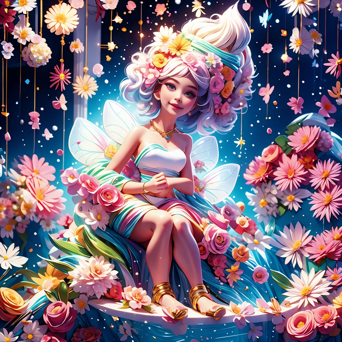 Welcome to the unknown land of fantasy，（The elf guides you，anatomically correcte，Accurate and perfect European and American cartoon face），A gentle smile， beautiful transparent，beautiful fairy，Little Ears，Fly around，caleidoscópico，在成千上万的紫色和红色flowers中，Digital illustration，complex，Uptrend，pastel colours，painting-like，rewarded photography，bokeh，Depth of field，hdr，flowers，Color difference，真实感，very detailled，art season trends，CG Social Trends，complex，high détail，Drama，intermediate art