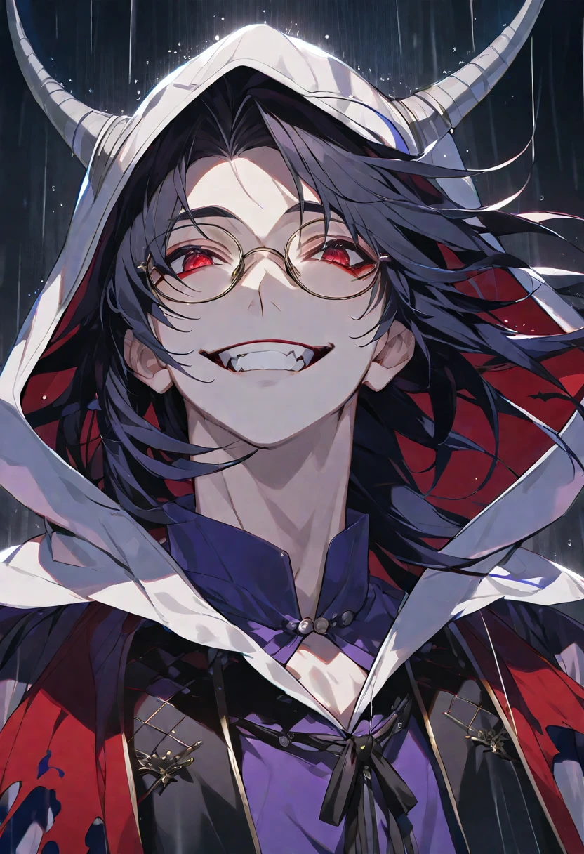 solo, handsome,
1 male,
long hair,straight hair,Braided black hair, devil,
red eyes, Gojo Satoru,casual, King, cloak ,black court,cool,smile ,Round Glasses,Put on the hood,rain, vampire,BLOOD,PIERROT,
black background,look up,Face close-up