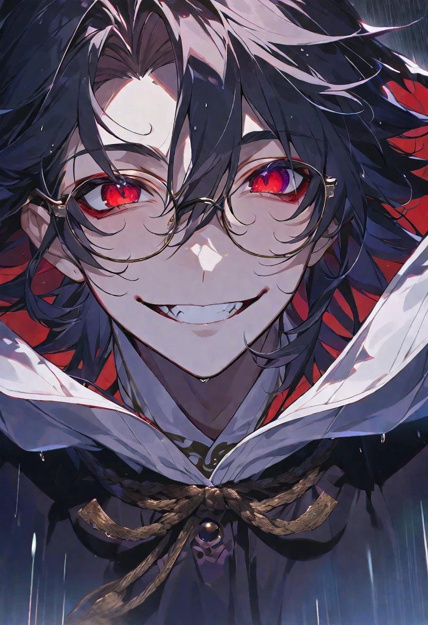 solo, handsome,
1 male,
long hair,straight hair,Braided black hair, devil,
red eyes, Gojo Satoru,casual, King, cloak ,black court,cool,smile ,Round Glasses,Put on the hood,rain, vampire,BLOOD,PIERROT,
black background,look up,Face close-up