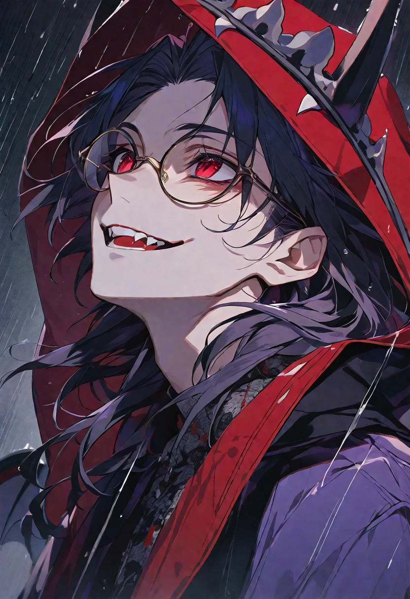 solo, handsome,
1 male,
long hair,straight hair,Braided black hair, devil,
red eyes, Gojo Satoru,casual, King, cloak ,black court,cool,smile ,Round Glasses,Put on the hood,rain, vampire,BLOOD,PIERROT,
black background,look up,Face close-up