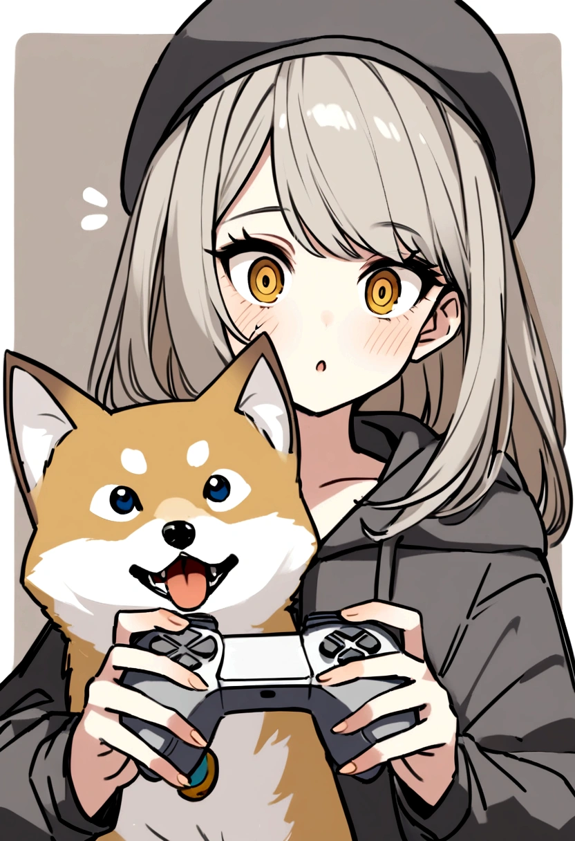 Wolf Hair、Big eyes、look at me、Long eyeliner、I like Shiba Inu, Cat, Have a game controller.、He is wearing a gray hoodie and a gray hat.....Beige long hair。