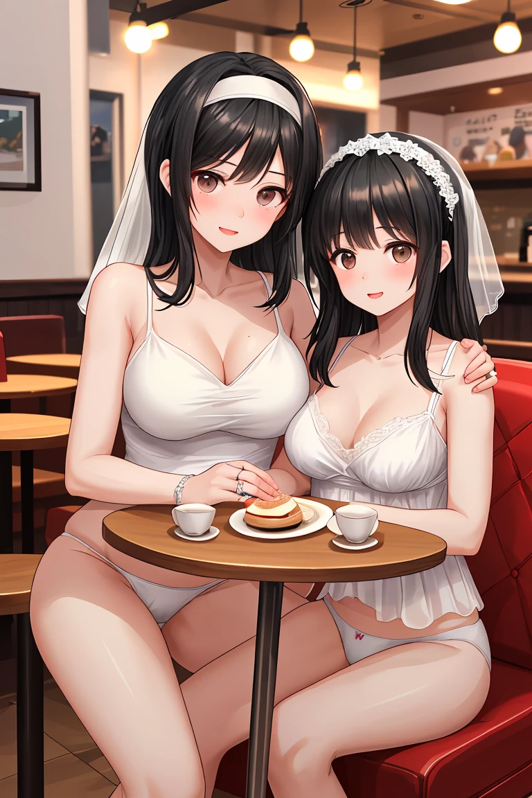 Beauty mother-in-law　Black Hair　Mother and daughter have beautiful breasts　hair band　Dining at the café　wedding ring　White panties are only slightly visible