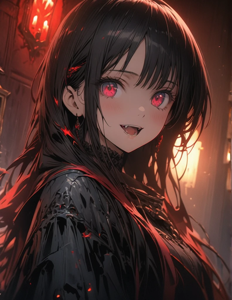 quality(8k wallpaper of extremely detailed CG unit, ​masterpiece, hight resolution, top-quality, top-quality ,hyper realisitic, digitial painting,increase the resolution,RAW photos，best qualtiy,highly detailed,the wallpaper),BREAK,8K, anime artwork anime artwork 1girl,abyss girl,open mouth,((masterpiece)), ((best quality)), 8k, high detailed, ultra-detailed, illustration, portrait, horror, gothic, (1girl), (sinister:1.2), a young girl with a grotesquely elongated mouth, standing in a dimly lit cemetery, moonlight casting eerie shadows, (ethereal and haunting),wisps of spectral mist, (spectral hands:1.1), reaching out from the tombstones, creating a sense of dread, (floating:1.3), surreal and nightmarish, (dark and foreboding), (motion blur), (glitch effect), (vibrance:1.2), (chromatic aberration), (saturated reds), (film grain), (sinister whispers:1.5), (sinister laughter:1.4), A chilling and unsettling atmosphere, capturing the girl's unsettling transformation into a creature of the night,. anime style, key visual, vibrant, studio anime,  highly detailed