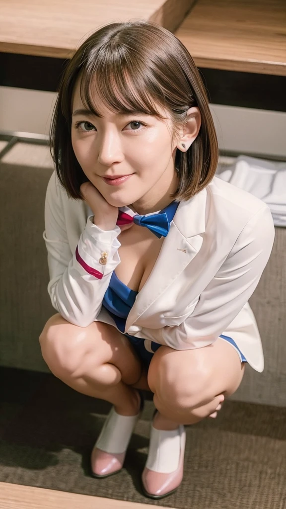 (NSFW),1 female,Beauty,Beautiful face,smile,Crouching and watching the viewer,Office Lady,In a suit,A dignified appearance,Perfect Style,Take off your jacket,Cleavage,focus on the chest,(squatting down),(open 2 legs:1.2),(show off white panty:1.2),NSFW,View from above,Front view,Ultra-realistic,Ultra high definition,Highest quality,8K,Masterpiece