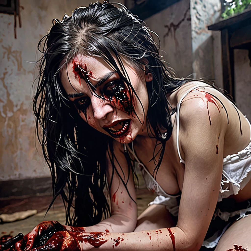 Undead sinner on her knees, forced oral sex, (oral rape:1.3), Sexual violence, hand on her head, holds her by the hair, (traces of beatings on her body:1.2), torn clothes, Sexual slavery, hellish torment, demon pissing on her face