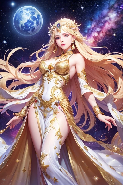 (masterpiece、Highest quality、High resolution、8K)、((Alone in space、Beautiful Goddess、Standing posture、フローティング  the sky like a star))、((whole body))、Golden Cape、White long dress、Sleeveless、Adorned with vibrant jewels、Gold Bracelets、Blonde in the middle、Beautiful brown eyes、A kind smile、Mouth closed、Elegant and exquisite face、Elegant operation、Place one hand under your chest、Professional Lighting、The universe is full of light、Countless stars and nebulae、