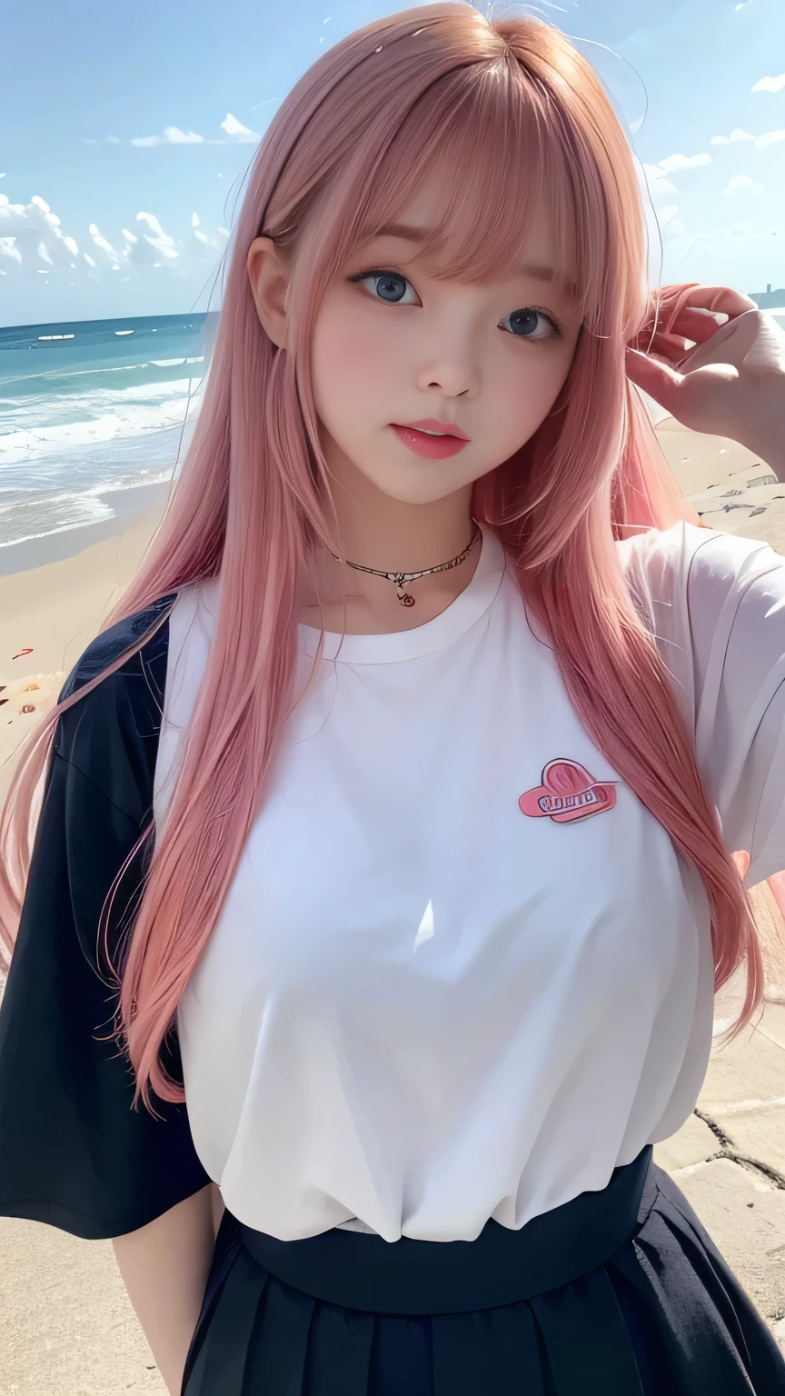 Sunburn marks on tanned skin、blush、Multicolored hair color、Bangs on the face、Bangs between the eyes、Super long hair、Beautiful bright transparent light blue big eyes that are charming and shining、A cute 16-year-old girl with a cute look, A strong wind blows my hair in front of my face、Beautiful big sparkling eyes, Cute eyes hidden by long bangs、Yawn、No visible nasolabial folds、A short, light-colored miniskirt、A cute and colorful summer shirt、Korean Beauty、Dark blush on the cheeks