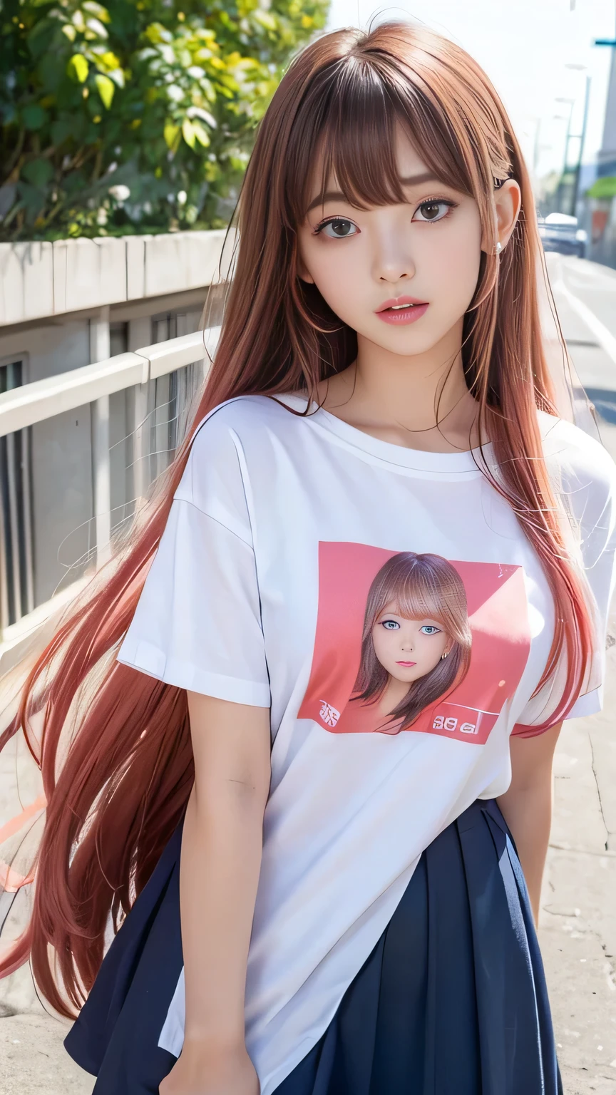 Sunburn marks on tanned skin、blush、Multicolored hair color、Bangs on the face、Bangs between the eyes、Super long hair、Beautiful bright transparent light blue big eyes that are charming and shining、A cute 16-year-old girl with a cute look, A strong wind blows my hair in front of my face、Beautiful big sparkling eyes, Cute eyes hidden by long bangs、Yawn、No visible nasolabial folds、A short, light-colored miniskirt、A cute and colorful summer shirt、Korean Beauty、Dark blush on the cheeks