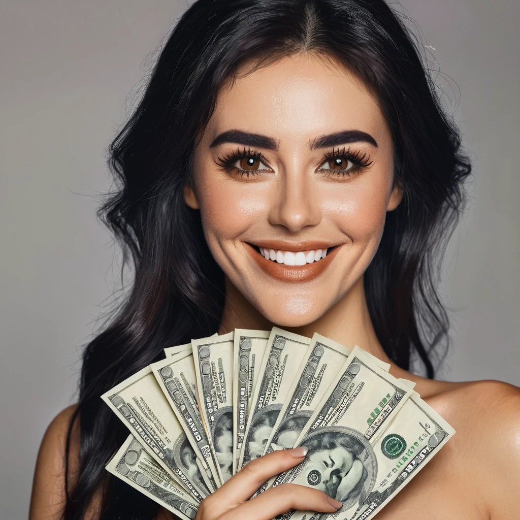 bearded woman beautiful shaggy beard, black hair, brown eyes, eyeliner, proud smile, seductive look, hold a load of dollar bills