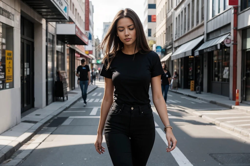 full figure photograph of a serious fitted slim female model, 30 years old, long brown hair, brown eyes, wearing a black t-shirt and black jeans, she is walking in a city street , her eyes are closed as she was crying