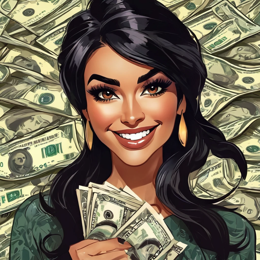 bearded woman beautiful shaggy beard, black hair, brown eyes, eyeliner, proud smile, seductive look, hold a load of dollar bills