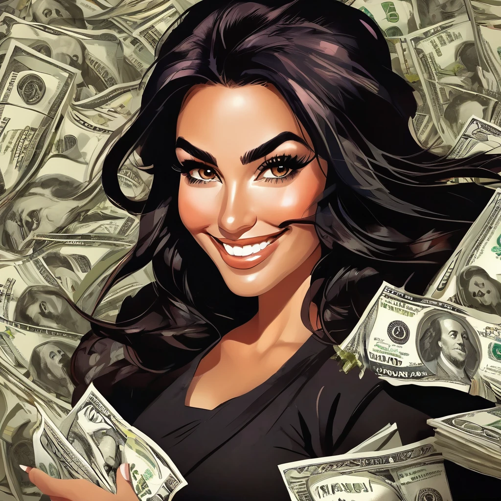 bearded woman beautiful shaggy beard, black hair, brown eyes, eyeliner, proud smile, seductive look, hold a load of dollar bills
