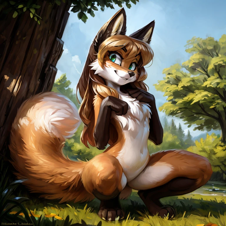 uploaded to E621, by Kenket, by Ross Tran, by Michael & Inessa Garmash, by Pino Daeni, by Kiguri, by Alena Aenami, by Ruan Jia, A solo vixen squatting looking in the air ((female) (anthro) ([foxl])), beautiful and detailed portrait of an anthropomorphic vixen ((female)), anthro fox girl, body fur, flat chest, chest fluff, body fur, curvy, sexy, nice, cute, hot, sassy, sassy hips, (Averi, Fox girl), hi res, photorealism, soft shading, (detailed fur: 1.1), happy looking, (legs), (solo: 1.1), tail raised, ((beautiful) eyes: 1.1), (detailed eyes: 1.1), (detailed), (masterpiece: 1.2), (athletic), good anatomy, detailed face, speech bubble, heart, hearts, seductive pose, sexy pose, in a park, tree