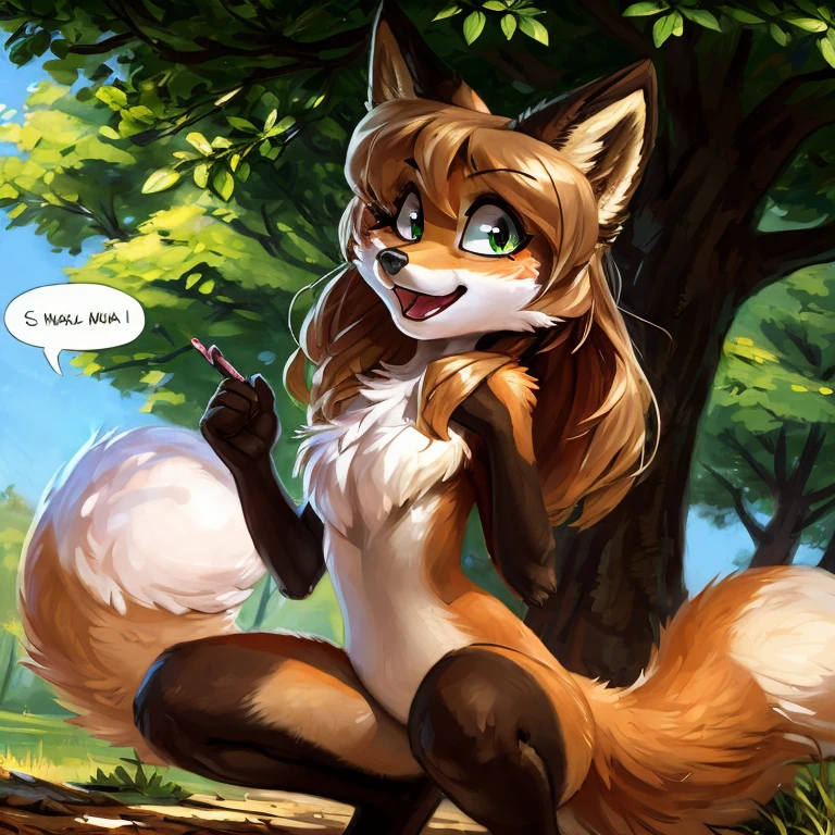 uploaded to E621, by Kenket, by Ross Tran, by Michael & Inessa Garmash, by Pino Daeni, by Kiguri, by Alena Aenami, by Ruan Jia, A solo vixen squatting looking in the air ((female) (anthro) ([foxl])), beautiful and detailed portrait of an anthropomorphic vixen ((female)), anthro fox girl, body fur, flat chest, chest fluff, body fur, curvy, sexy, nice, cute, hot, sassy, sassy hips, (Averi, Fox girl), hi res, photorealism, soft shading, (detailed fur: 1.1), happy looking, (legs), (solo: 1.1), tail raised, ((beautiful) eyes: 1.1), (detailed eyes: 1.1), (detailed), (masterpiece: 1.2), (athletic), good anatomy, detailed face, speech bubble, heart, hearts, seductive pose, sexy pose, in a park, tree