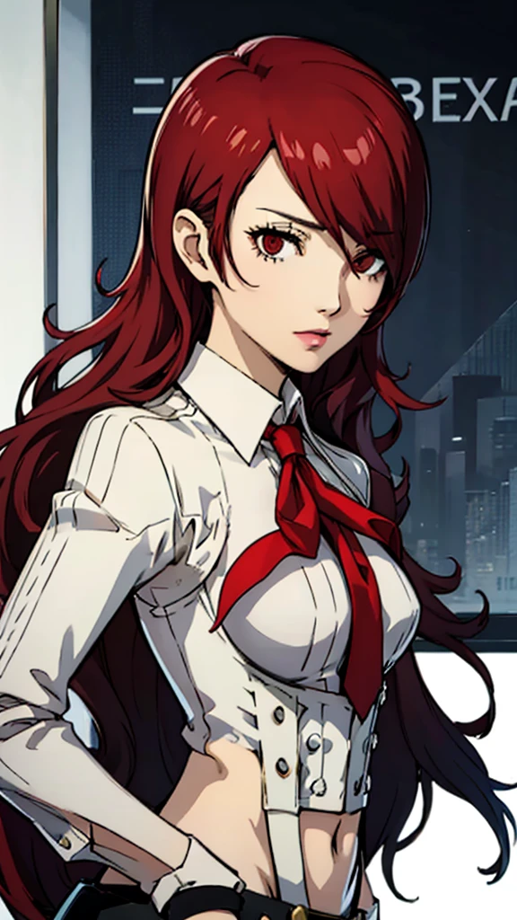 1 female, medium breast, Mitsuru kirijo, face portrait,black suit black suit, tie, red eyes, long hair, hair over one eye , hair over one eye