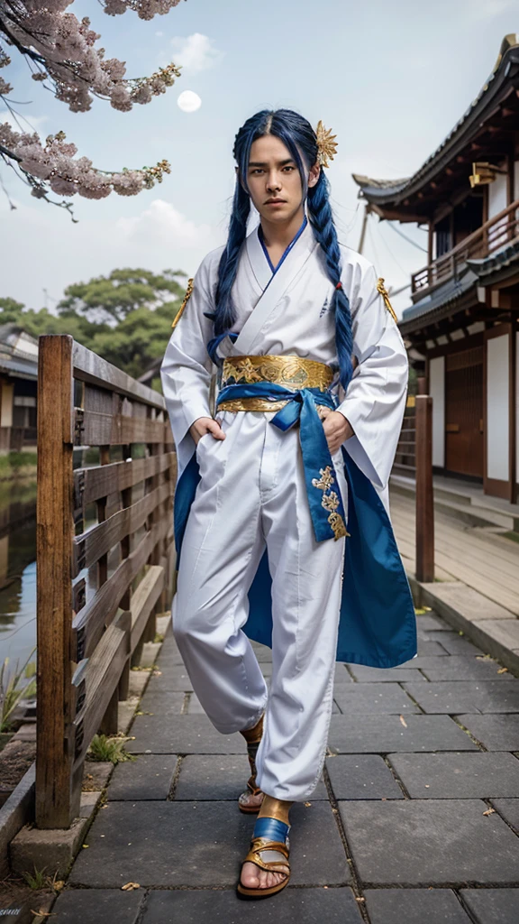 Kimetsu no Yaiba, a male character with long blue hair and blue eyes, wears a Demon Slayer costume, wears a white haori with a golden dragon pattern, loose slacks resembling a traditional samurai, and wears white socks with a gold dragon pattern, blue sandals. Attach the red Nichirin sword in the incision to the left side of the waist. Stand on a bridge under the moonlight with a Fuji blossom tree visible from afar.