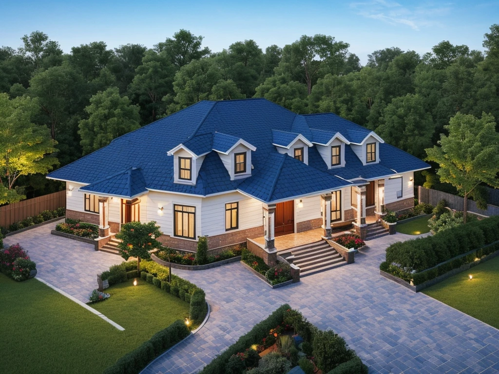 (Villa in city ,close houses and trees), slope_roof , tile_roof ,daylight ( best quality) ((high solution)) ,(( photo realistic)) ,warm light,  soft lighting, warm atmosphere,high Resolution, hyper detailed,4k ,vray render, octane render, hyper realistic, photography expert ,exterior design , professional photography, exterior photography,wide-angle shot , ultra detail , high Resolution , full frame, full body