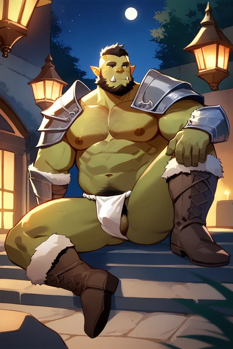 score_9, score_8_up, score_7_up, solo, male focus, mature male, orc, green skin, tusks, beard, outdoors, micro armor , shoulder armor, breastplate, upper body, closed mouth, pauldrons, night, night sky , boots , shirtless , (micro fundoshi) , full body , black boots , laying spreadlegs , legs up