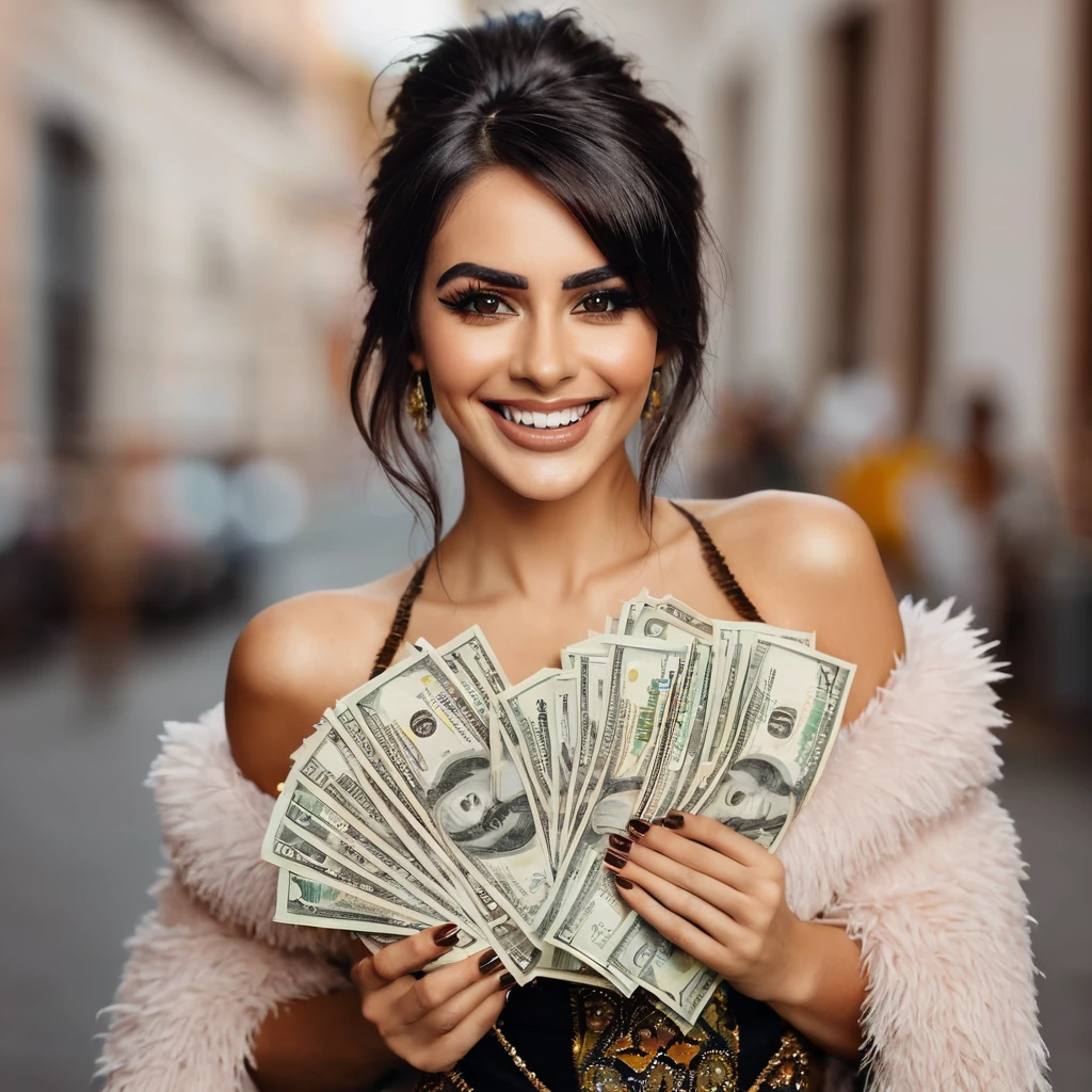 bearded woman beautiful shaggy beard, black hair, brown eyes, eyeliner, proud smile, seductive look, hold a load of dollar bills
