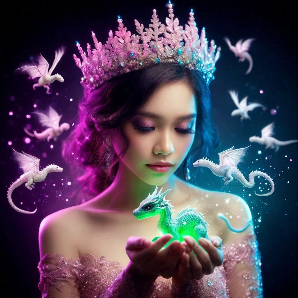 photography. a beautiful Indonesian woman, pink crown. holding a cute little snow dragon in their hands, Newly hatched dragons glow in green, with a glow around it, soft and delicate draconic features, Dark background. with the overall blue purple pink color forming a beautiful color