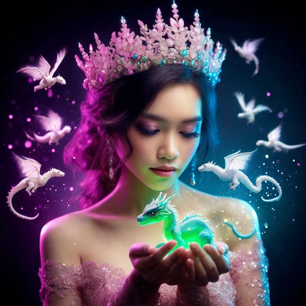 photography. a beautiful Indonesian woman, pink crown. holding a cute little snow dragon in their hands, Newly hatched dragons glow in green, with a glow around it, soft and delicate draconic features, Dark background. with the overall blue purple pink color forming a beautiful color