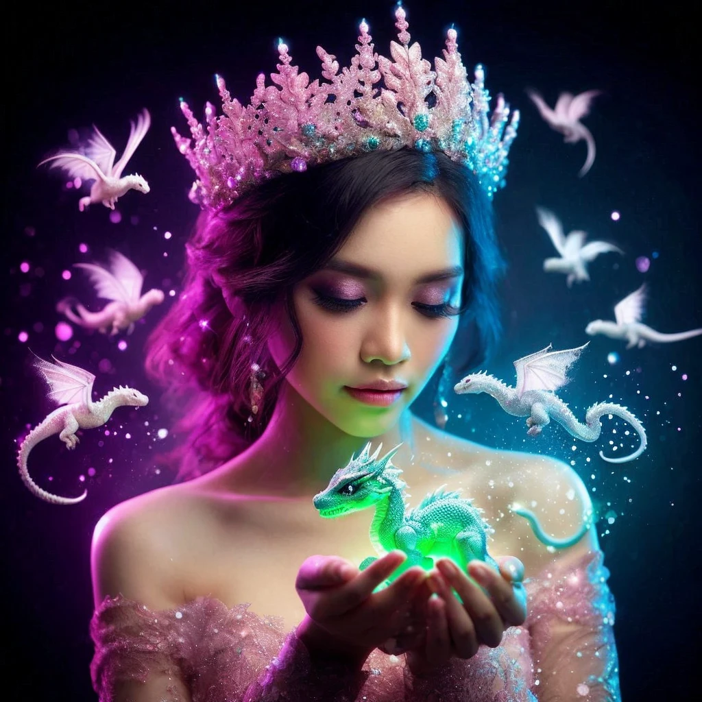 photography. a beautiful Indonesian woman, pink crown. holding a cute little snow dragon in their hands, Newly hatched dragons glow in green, with a glow around it, soft and delicate draconic features, Dark background. with the overall blue purple pink color forming a beautiful color