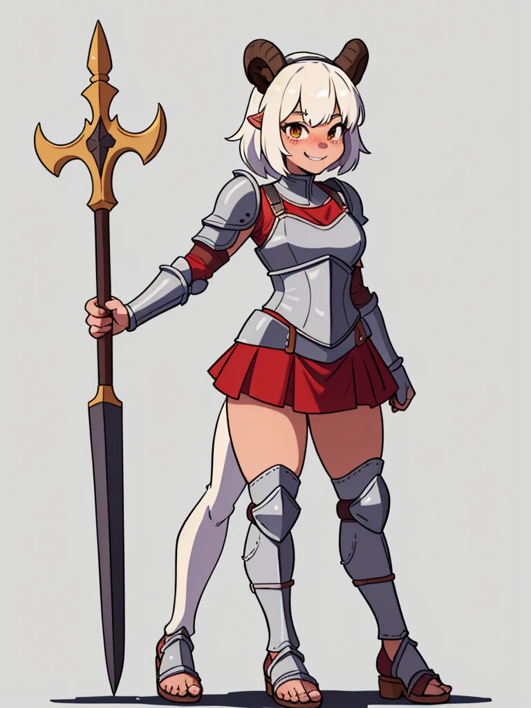 1girl, furry, furry_female, goat_ears, goat_girl, smile, solo, cute, shy, wearing full body plate armor, gladiator skirt, gladiator sandals, humanoid feet, holding a spear, nosebleed,bloody nose