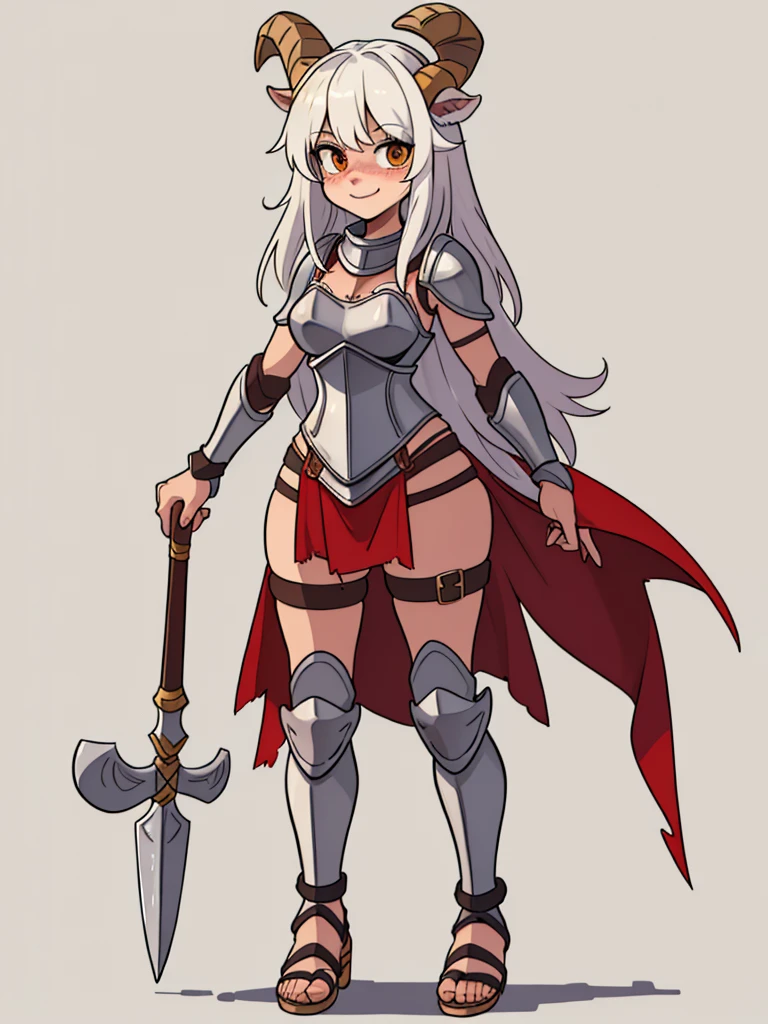 1girl, furry, furry_female, goat_ears, goat_girl, smile, solo, cute, shy, wearing full body plate armor, gladiator skirt, gladiator sandals, humanoid feet, holding a spear, nosebleed,bloody nose