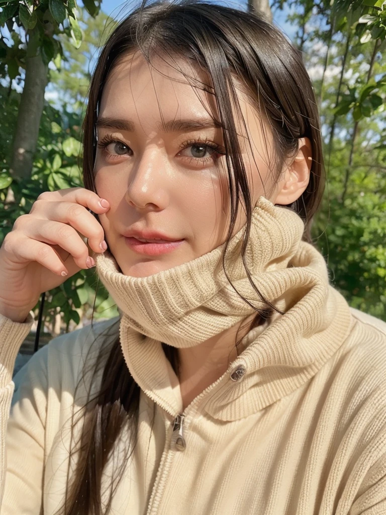 rie,One Woman,(best quality), (ultra detailed), (absolutely resolution),Face is front, 18-year-old, Put your finger on your lips, Santa Claus clothes, The color of the clothes is red, The clothes have geometric patterns, Black Hair, Early morning in the forest、Mysterious foggy scene