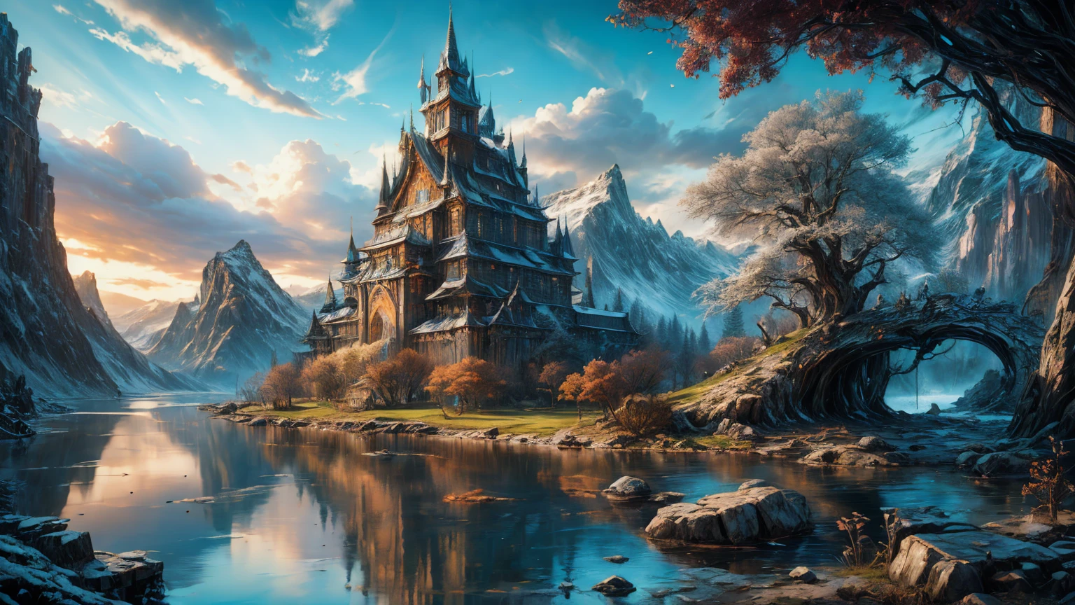 an epic fantasy: Imagine and draw an epic fantasy scenes, Rin々Wolf, Hall々A magnificent castle and amazing landscapes. Let your imagination run wild、Create a fantastical world full of adventure and mystery.Floating Island,waterfall,reflection,mysterious