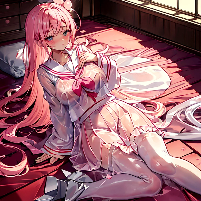 A lot of tissue paper is scattered on the tatami mat. very large chest Extremely distended chest huge chest bulge A composition that shows the whole body Dim pink room Japan tatami room Japanese-style room Dirty room There is a lot of garbage scattered around Very dirty blanket Lying on the futon Scattered tissue paper Scattered pink magazines nn11 girl, Hair Ribbon, Long Hair, smile, Denim shorts, Big Breasts university student Age: 20 Illustrated style Anime Style Frown Narrow Mouth Small lips Smile Sleepy eyes Eyes half closed Very short stature Baby Face beautiful girl Very cute clothes cheeks pink Blonde Long Hair Super Curly Hair Super long sideburns 濡れて透けたSee-throughの衣服 Wet and sheer sailor suit Hair band Wet and transparent very long shocking pink silk skirt Wet and transparent pearl white silk tights Wet and transparent pearl white silk innerwear Metallic luster A large amount of hot pink silk ribbons are sewn into the clothes Soaked in the rain 濡れて透けたパールホワイトSuper Long Silk Gloves 濡れて透けたDetailed embroideryが縫われたショッキングピンクシルクパンティストッキング silk garter belt Pitiful clear Big eyes Droopy eyes Shocking Pink Rouge Super long white leather boots Wet and see-through white silk bodysuit See-through Clothes that are see-through from the rain Clothes are wet with sweat and transparent A large amount of sweat is dripping from his forehead sunset Orange Room, small amount of rolled up tissue paper, Used crumpled small tissue paper, There are lots of crumpled dirty small tissues lying on the ground, Several small rolled up pieces of used tissue paper are lying around Heavy sweat on face,cold sweat,Sweat dripping from my forehead,Tears dripping from the edges of the mouth, Sitting on a dirty bed, A dirty futon with brown spots Dirty and old tatami mats ,tatami room, A lot of rolled up tissue paper , Garbage is very scattered, Very dirty bed, A room full of scattered rolled up trash, Scared I am going to cry Embarrassing 服がはち切れそうなBig Breasts very large chest Extremely distended chest huge chest bulge Dimly lit room Sleeping on a tatami mat Scattered tissue paper Cute long sleeve sailor uniform with lots of frills sewn into the clothes Fine frill belly long skirt high school student Illustrated style Anime Style Frown Narrow Mouth Small lips Frightened face Baby Face beautiful girl Very cute clothes cheeks pink Long blonde hair Super Curly Hair Super long sideburns Clothes made of rubber material Gothic White Lolita Clothing Hair band Wet and transparent very long shocking pink silk skirt Pearl white silk knee socks Wearing a cute bra under her sailor uniform A lot of sailor ribbons Super Long Silk Gloves Detailed embroidery Big eyes Hanging eyes Stern look Shocking Pink Rouge Sweating profusely Crushed tissue paper White Long Boots She is wearing a cute salmon pink bra.