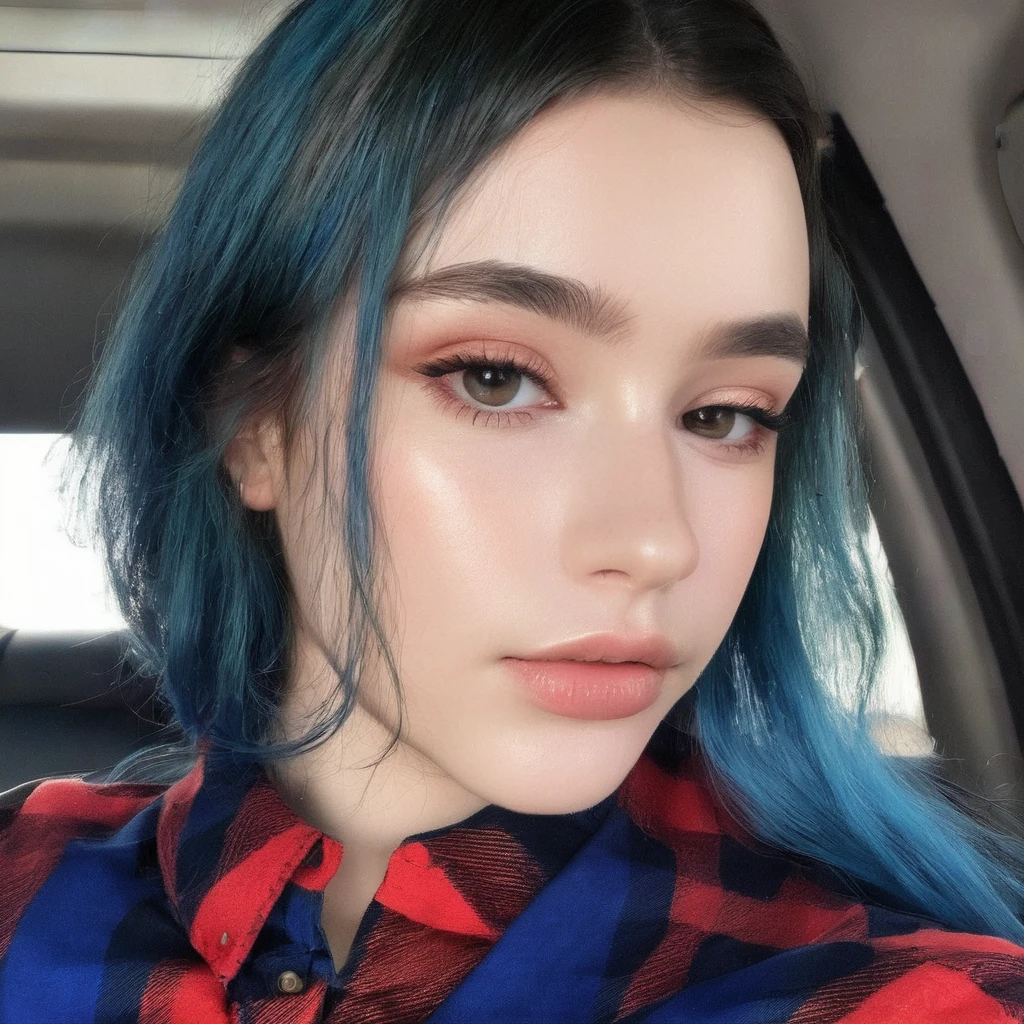 DASHA_dispersed, wear a checkered red and black shirt and blue jeans, multicolored hair, I look at the viewer, ((sharp face, detailed face, ultra-textured skin realistic face, Genuine Leather, realistic skin, Detailed skin, pores))