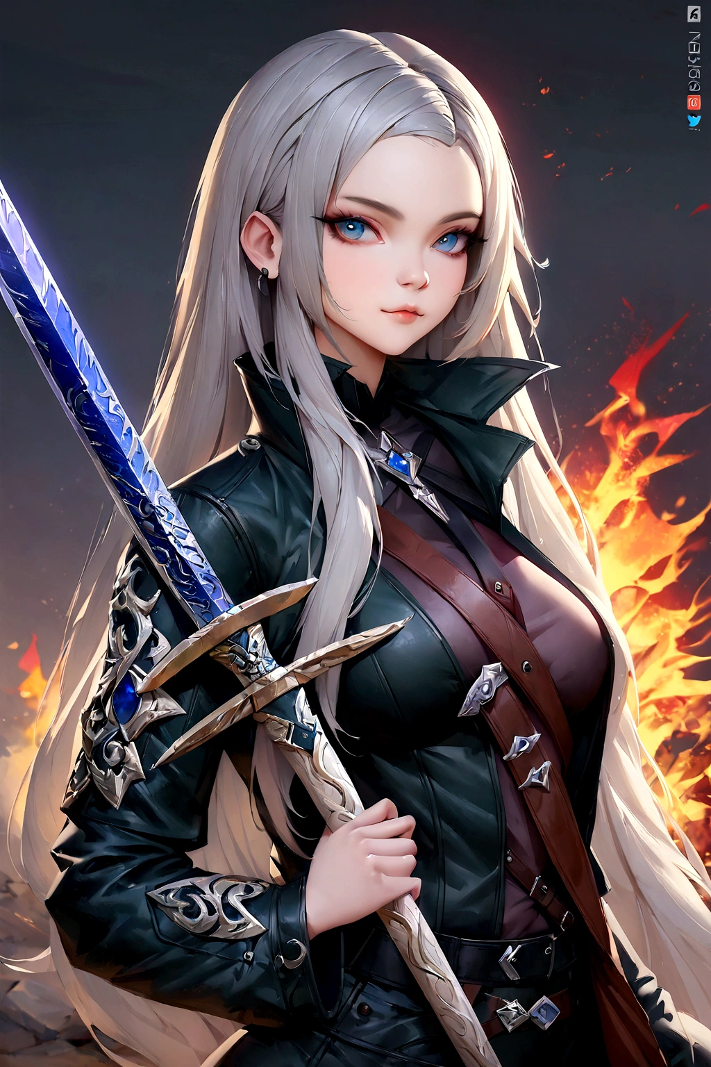 a close up of a woman holding a sword in front of a fire, with large sword, trending on artstation:3, by Yang J, ig model | artgerm, [ trending on society ]!!, as trending on artstation, she is holding a sword,society, chengwei pan on artstation, trending on art station hd