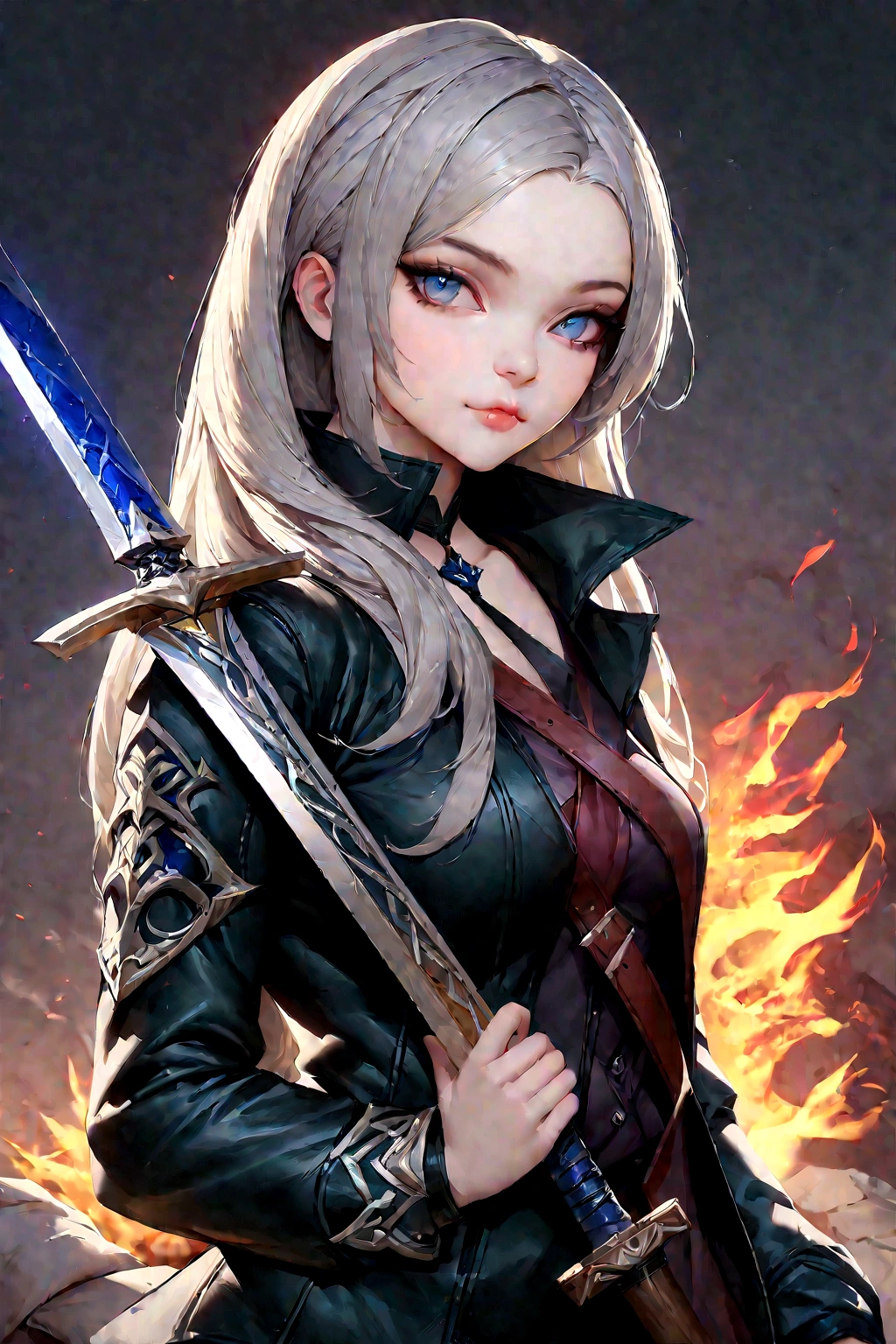 a close up of a woman holding a sword in front of a fire, with large sword, trending on artstation:3, by Yang J, ig model | artgerm, [ trending on society ]!!, as trending on artstation, she is holding a sword,society, chengwei pan on artstation, trending on art station hd