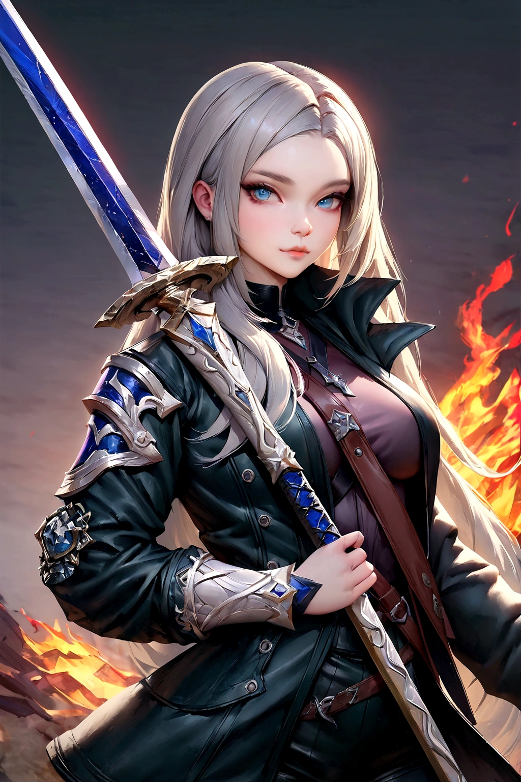 a close up of a woman holding a sword in front of a fire, with large sword, trending on artstation:3, by Yang J, ig model | artgerm, [ trending on society ]!!, as trending on artstation, she is holding a sword,society, chengwei pan on artstation, trending on art station hd