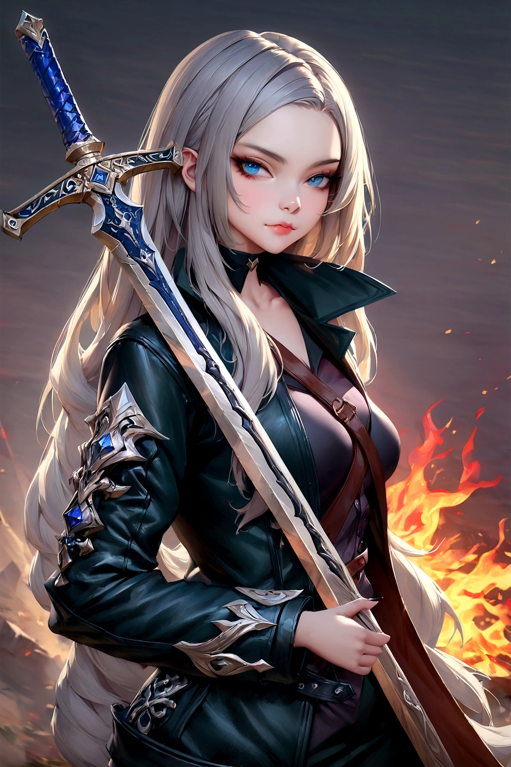 a close up of a woman holding a sword in front of a fire, with large sword, trending on artstation:3, by Yang J, ig model | artgerm, [ trending on society ]!!, as trending on artstation, she is holding a sword,society, chengwei pan on artstation, trending on art station hd