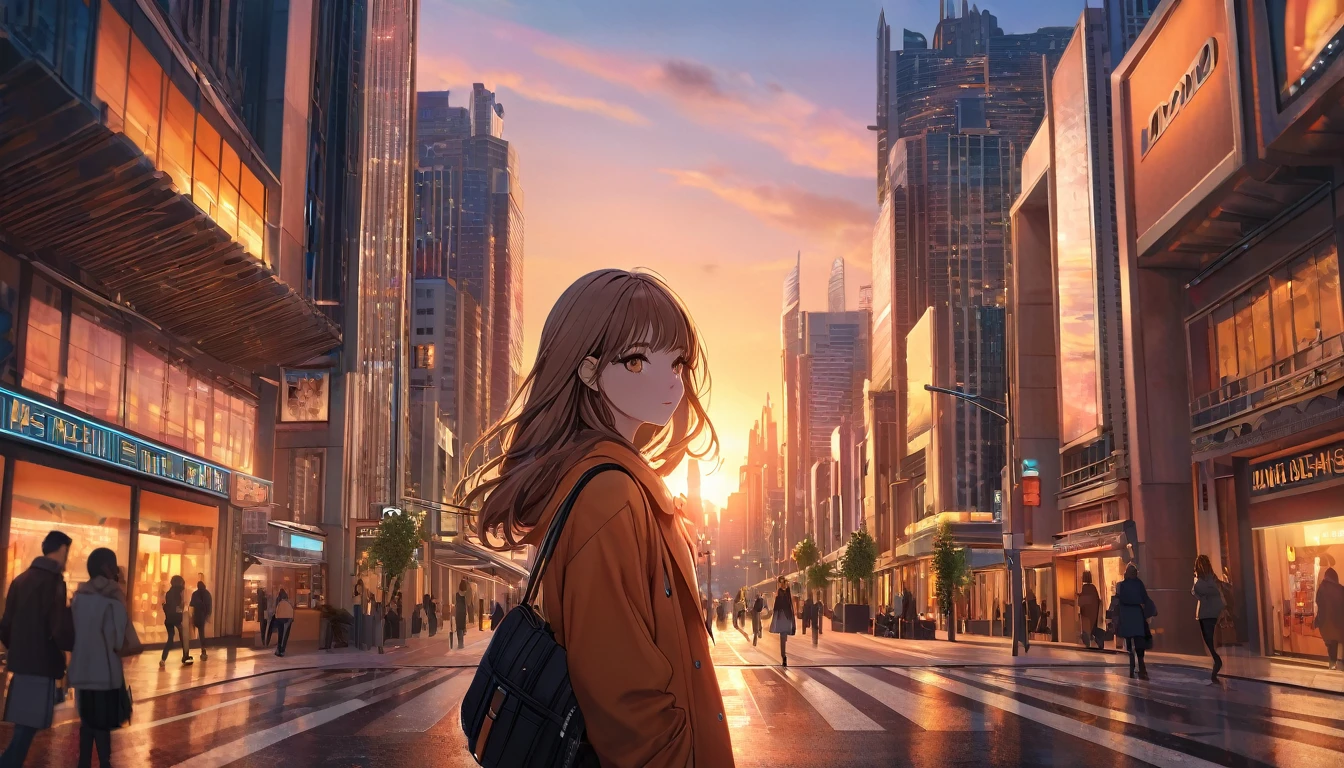 a girl walking on a modern city street at sunset, long eyelashes, 1 girl, detailed background, detailed cityscape, detailed architecture, detailed lighting, detailed colors, highly detailed, intricate details, masterpiece, photorealistic, 8k, cinematic colors, warm colors, glowing sunset, dramatic lighting