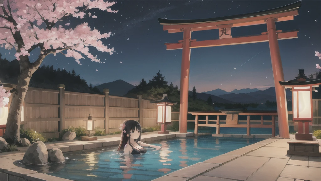 Cute art style, open-air bath, small torii gate, hot spring, evening, cherry blossoms, illustration, background only