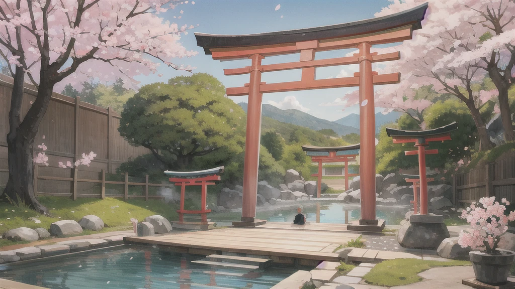 Cute art style, open-air bath, small torii gate, hot spring, evening, cherry blossoms, illustration, background only