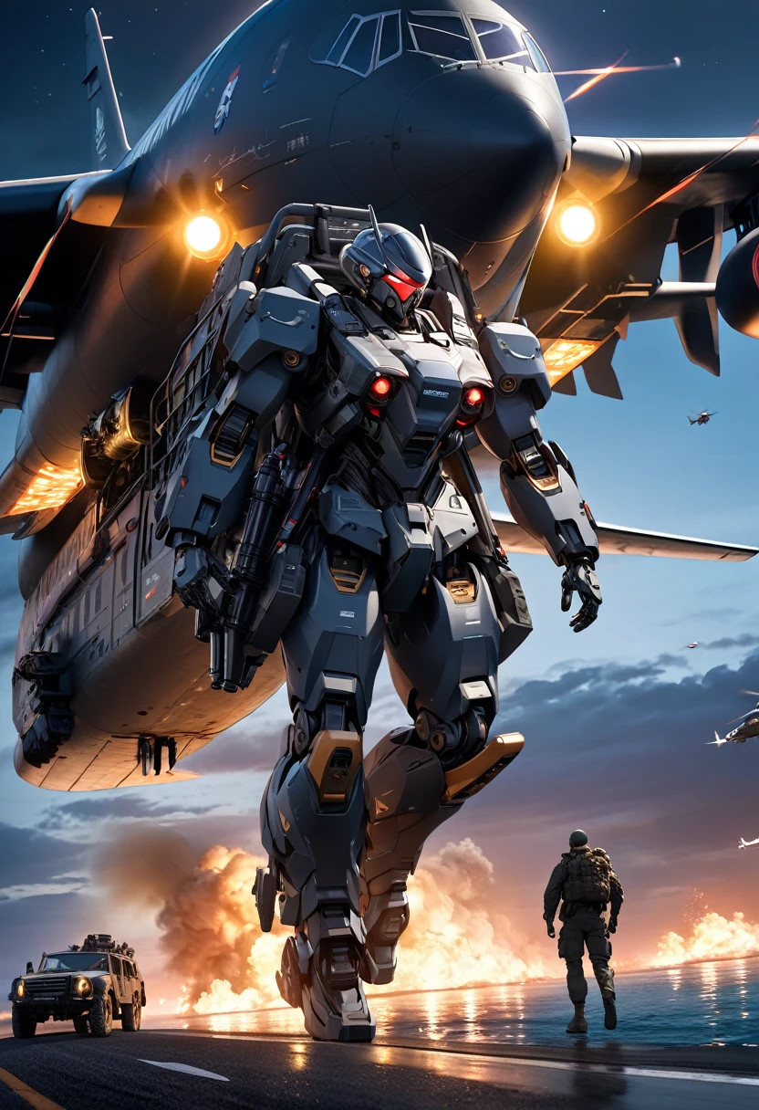 a humanoid military robot in a powered suit-like appearance,about the height of a single person,stylish futuristic design,reactive armors,backpack with parachute for airborne descent,(deceleration spray nozzle mechanisms on  and legs) ,marine camouflage based on blue,(machine gun in one arm:1.2),airdropped from military transport plane at night,( red light inside plane illuminating robot),dynamic shot of robot flying out of transport plane,(coastline of sea at night),(best quality,4k,8k,highres,masterpiece:1.2),ultra-detailed,(realistic,photorealistic,photo-realistic:1.37),cinematic lighting,dramatic atmosphere,military science fiction,mecha,concept art